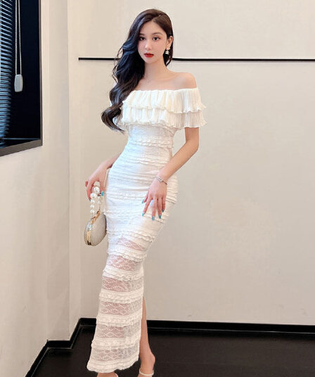 2026 봄 여름 새로운 고급 품격 프랑스식 레이스 홀로우 아웃 오프숄더 연꽃 잎 소매 드레스 허리 수축 타이트 스커트