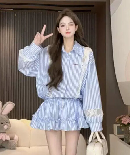한 부서 페이크 레이어드 홀로우 아웃 레이스 셔츠 여성 드레스 봄 여름 새로운 밴딩 로프 POLO 칼라 허리 수축 짧은 치마