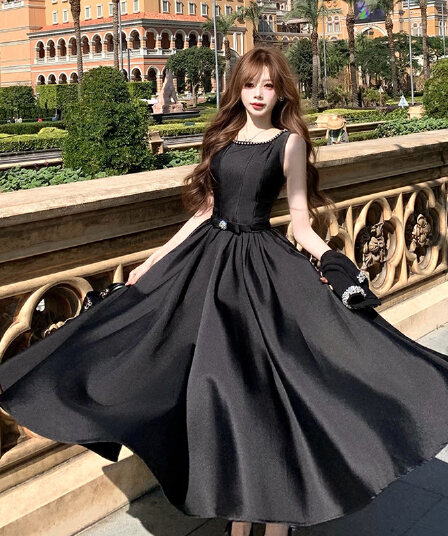 프랑스식 우아함 품격 허리 수축 민소매 스와로브스키 더블 색상 드레스 행사 치마 라운드 넥 민소매 하이웨이스트 롱 코트 빅 플레어 스커트
