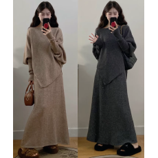 批发<b class='q'>大码</b>慵懒风套装秋季女装不规则毛衣外套胖MM显瘦针织半身裙两件套