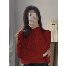 批发<b class='q'>日系</b>复古半高领麻花毛衣女秋冬设计感小众短款内搭打底针织衫上衣