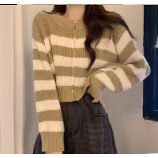 批发设计感小心机条纹拉链毛衣外套女2025<b class='q'>秋</b>冬新款韩版短款长袖针织衫