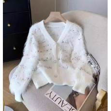 批发慵懒风高级感彩色点点毛衣开衫女<b class='q'>春秋</b>新款仿水貂绒软糯针织衫外套
