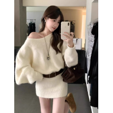 法式设计感露肩斜肩长袖针织连衣裙女装秋季新款百搭显瘦收腰短裙