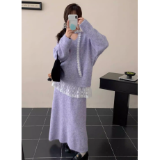 批发大码胖mm2025秋季新款温柔风蕾丝拼接<b class='q'>毛</b>衣简约显瘦半身裙两件套女