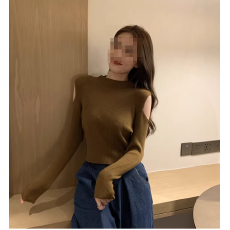 批发露肩镂空针织<b class='q'>衫</b>女装外穿秋冬新款设计感长袖百内搭打底<b class='q'>衫</b>套头<b class='q'>毛</b>衣