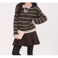 批发韩版宽松慵懒风套头<b class='q'>毛衣</b>女条纹系带针织衫上衣2025秋冬新款百搭潮