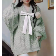 批发粉色v领蝴蝶结毛衣女秋冬2025秋季新款韩系温柔慵懒风<b class='q'>针织衫</b>上衣