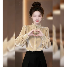 批发法式木耳边立领丝绒衬衫女<b class='q'>冬</b>季2026新款轻奢感宽松显瘦百搭上衣潮