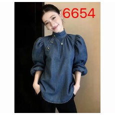 批发不规则设计泡泡<b class='q'>袖</b>蓝色时尚衬衫女2026夏季新款复古立领五分<b class='q'>袖</b><b class='q'>上衣</b>