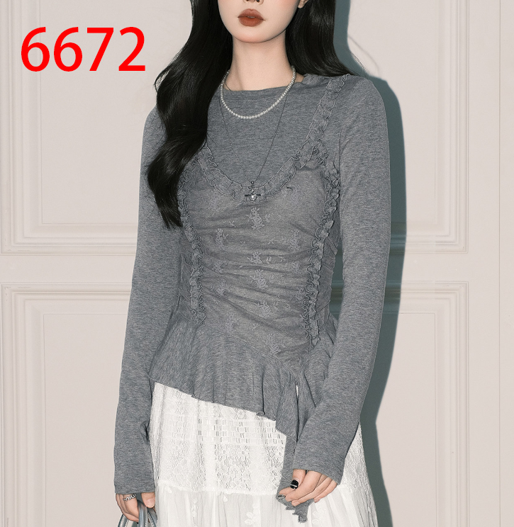 2026 고급 슈퍼 잘 생긴 레이스 조각 라운드 넥 긴팔 티셔츠 여성 새로운 화이트 허리 수축 연꽃 잎 레이스 맨위