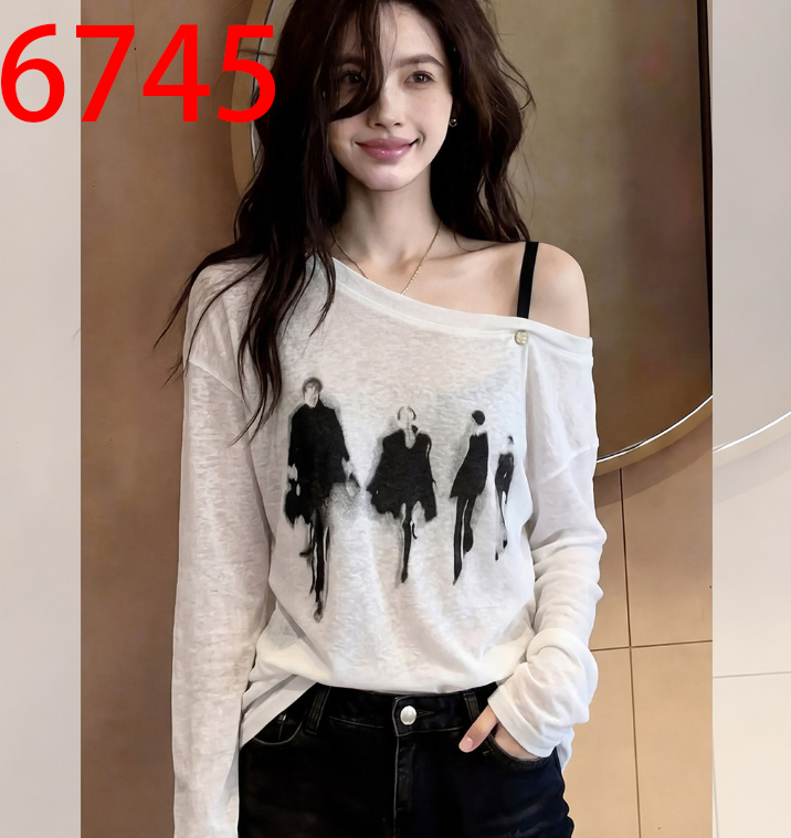 화이트 프린트 비스듬한 칼라 슬립 긴팔 티셔츠 여성 봄 여름 새로운 마이크로 지방 mm 빅 사이즈 여름 홀로우 아웃 오프숄더 맨위