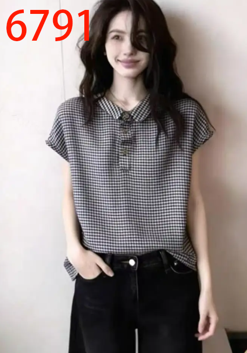 홍콩 스타일 Chic 디자인 센스 셔츠 여성 여름 레트로 스타일 외국 가스 세련된 셔츠 체크무늬 작은 대중 반팔 작은 맨위