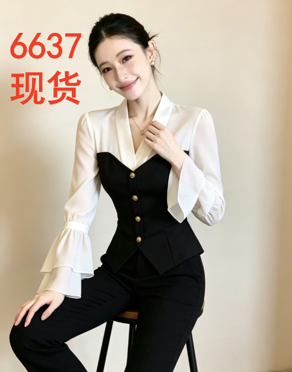 RY8241# 黑白拼色修身 V 领上衣女 春秋季雪纺喇叭袖金扣通勤显瘦气...