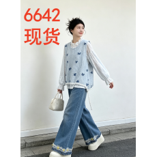 批发蝴蝶针织马甲蕾丝袖套装女宽松阔腿<b class='q'>牛仔</b>裤裤脚花边2026秋休闲套装
