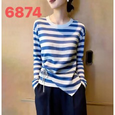 批发<b class='q'>大码</b>条纹<b class='q'>长袖</b>上衣女 不规则下摆抽绳打结圆领薄款 T 恤胖 mm
