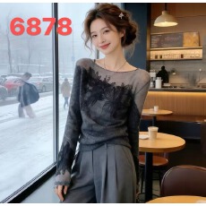 批发<b class='q'>大码</b>微透针织上衣女一字肩花朵刺绣薄纱<b class='q'>长袖</b>胖MM气质温柔风打底衫
