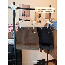 批发实拍实价 秋冬呢子半身裙毛毛拼接短裙<b class='q'>性感</b>修身包臀裙女防走光