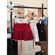 批发实拍实价 “酒心缎带”<b class='q'>复古</b>酒红波点交叉绑带百褶裙女