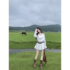 批发初梦POKEMENG 旷野遐想 老钱风长袖条纹衬衫<b class='q'>连衣裙</b>女秋季短款百搭