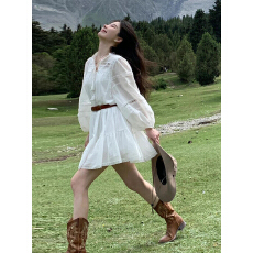 批发法式白色长袖<b class='q'>连衣裙</b>子女秋季2025新款小个子西北新疆旅游度假短裙