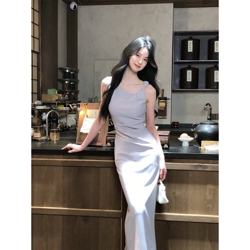 하나부터 순간 매듭 켄 콩 미니멀리즘 센스 품격 비틀림 민소매 드레스 허리 수축 슬림해 보이는 트임 롱 스커트