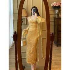 批发新中式复古国风改良旗袍<b class='q'>挂</b><b class='q'>脖</b>裙吊带<b class='q'>连衣裙</b>女夏季高级感气质长裙