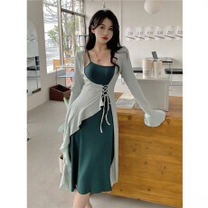 批发大码女装早秋纯欲假两件<b class='q'>拼接</b>系带收腰<b class='q'>连衣裙</b>胖mm绿色新中式中长裙