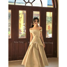 批发RoseFang新品限时优惠油画栀子早春法式复古一字肩收腰连衣裙