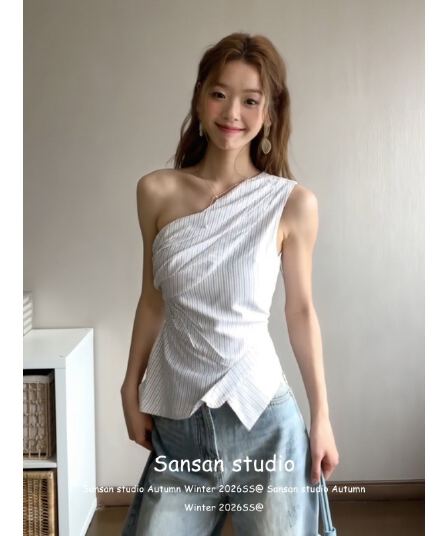 한 부서 비스듬한 어깨 스트라이프 조끼 여성 여름 착용 가져 가라. 불규칙 오프숄더 셔츠 슬립 몸매 가꾸기 슬림해 보이는 민소매 맨위