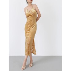 批发夏季法式复古新中式挂脖露背丝绒连衣裙女改良版旗袍无袖裙子