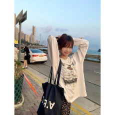 批发樱花麻豆白色~睡觉的小狗 韩系少女印花<b class='q'>长袖</b>T恤慵懒宽松纯棉上衣