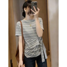 批发大码夏季胖MM美式复古<b class='q'>条纹</b>绑带不规则短袖<b class='q'>打底衫</b>设计百搭T恤上衣