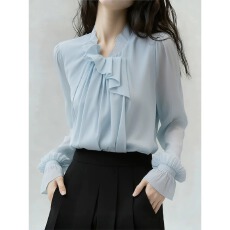 批发漂亮法式温柔风荷叶边泡泡袖衬衫女春季2026新款显白优雅气质上衣