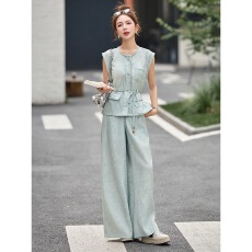 批发时尚<b class='q'>休闲</b>棉麻<b class='q'>套装</b>女2026夏季新款超好看无袖背心衬衫阔腿裤两件套