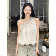 批发巨好看的辣妹<b class='q'>蕾丝</b>花边斜肩上衣女2026夏季新款雪纺小衫设计感小众