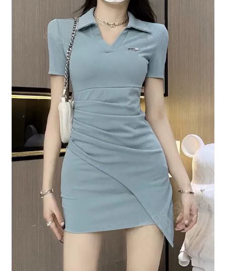 핫걸 순수한 욕망 바람이 아닙니다. 규칙 여성 드레스 여름 작은 키 POLO 칼라 허리 수축 슬림해 보이는 반팔 타이트 스커트 트렌디
