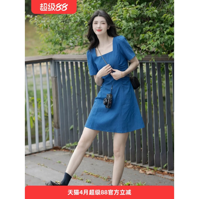 프랑스식 파란색 광장 칼라 여성 드레스 2026 여름 새로운 작은 키 고급 센스 해변가 휴가 바람 A라인 스커트
