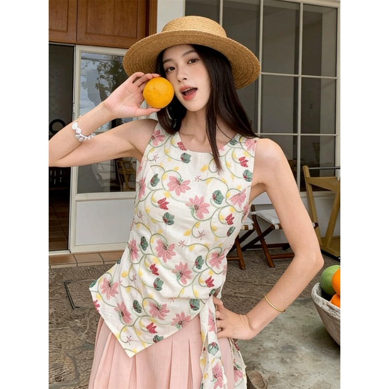 RY3389# 法式甜辣风碎花掐腰露肩上衣女2026年夏季新款外穿小衫设计感小众