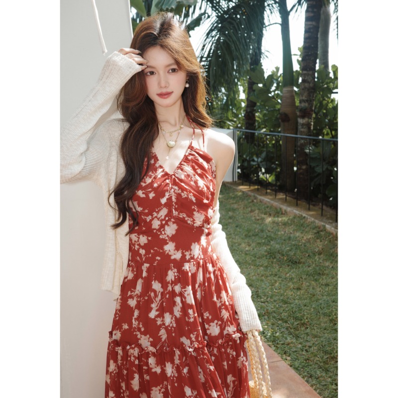 매화 요리 한 일몰 장미 레트로 낭만주의 꽃무늬 빨간색 V넥 드레스 해변가 휴가 바람 롱 스커트