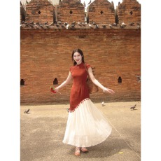 批发凌茜恣禾 赤纱谣'新中式红色流苏旗袍女早春漂亮拼接假两件连衣裙