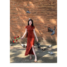 批发凌茜恣禾赤裙惊鸽新中式红色仿醋酸缎面旗袍女春夏出游短袖连衣裙