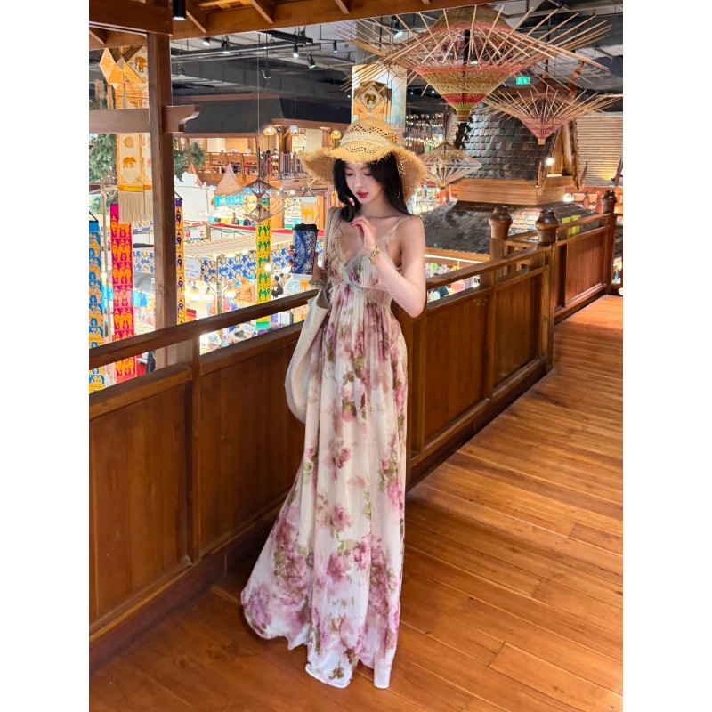 fart shop 꽃 리플 꽃 바다 V넥 스트랩 백리스 슬립 여성 드레스 봄 여름 레이스 수정 치마
