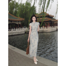 批发凌茜恣禾 青蓝水墨'新中式印花旗袍女<b class='q'>春</b>夏清冷感修身短袖连衣裙