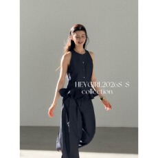 批发HEYGIRL黑哥 妮味outfit 荷叶边无袖<b class='q'>衬衫</b>背心马甲上衣阔腿<b class='q'>裤</b><b class='q'>套装</b>
