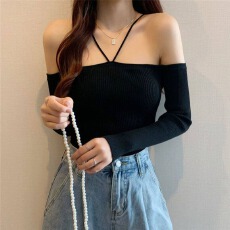 批发长袖针织衫女新款性感一字肩修身挂脖<b class='q'>打底衫</b>短款女上衣小心机