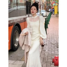 批发白秀珠 温柔新中式<b class='q'>灯笼</b>袖旗袍连衣<b class='q'>裙</b>复古高级感气质<b class='q'>裙</b>子女