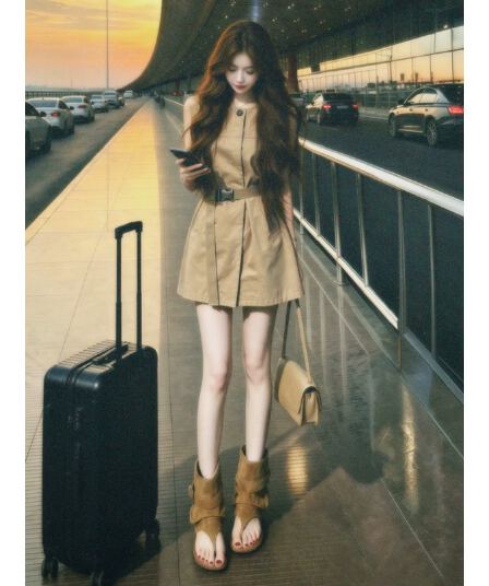 프랑스식 레트로 카키 색 조끼 여성 드레스 여름 2026 새로운 자이언트 잘 생긴 허리 수축 한 마디 워크웨어 미니 스커트