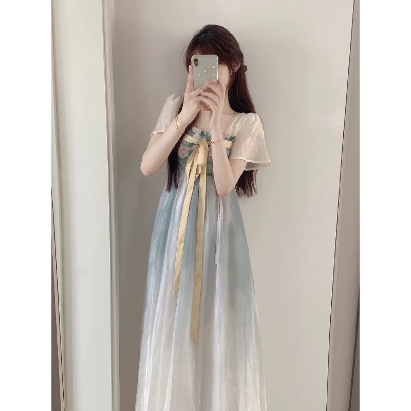 새로운 중식 국풍 광장 칼라 레이스업 꽃무늬 패치워크 그라데이션 여성 드레스 개선 한푸 길다 치마