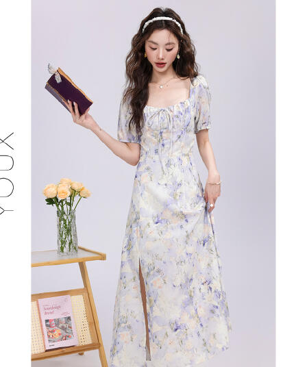 다시 레인 여름 TH 꽃말 꽃무늬 드레스 2026 여름 새로운 프랑스식 하이웨이스트 광장 칼라 연한 자주색 A라인 스커트 여성